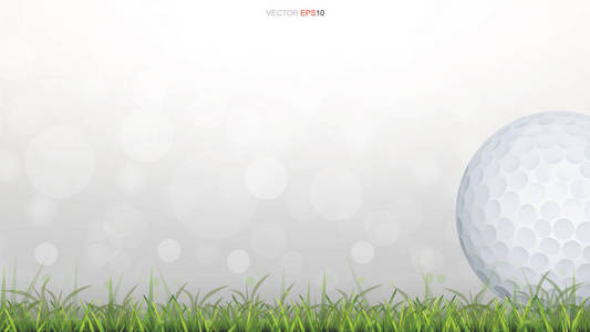 高尔夫球在绿草场上, 光线模糊散景背景。矢量插图
