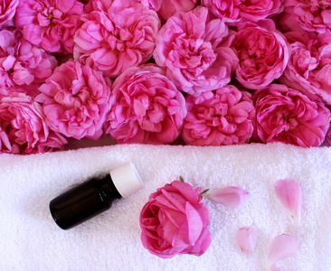 Spa 治疗和按摩产品与毛巾, 芳香油, 玫瑰花在白色的背景。享受水疗理念