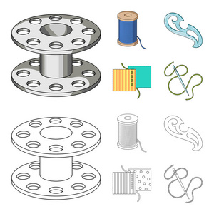 在织物上有螺纹针卷曲接缝的线轴。缝纫或裁缝工具集合图标在卡通, 轮廓风格矢量符号股票插画网站