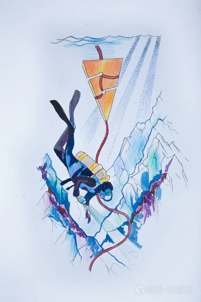 深海潜水员在白色背景上的素描