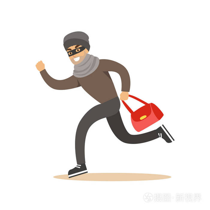 小偷用偷来的红色袋跑.姹紫嫣红的卡通人物矢量图
