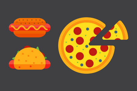 一套彩色卡通快餐披萨图标孤零零的餐厅美味美国汉堡肉和不健康的汉堡餐矢量图