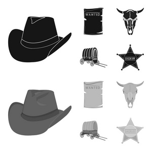 牛仔帽, 被搜查, 推车, 公牛头骨。狂放的西部集合图标在黑色, monochrom 样式矢量符号股票例证网