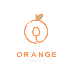 橙果与勺子徽标图标轮廓描边集设计插图在白色背景上与橙色文本和复制空间隔离, 矢量 eps10