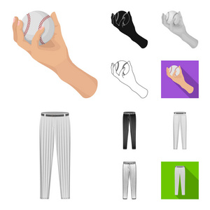 棒球和属性卡通, 黑色, 平面, 单色, 轮廓图标在集集合为设计。棒球运动员和设备矢量符号股票 web 插图