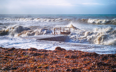 海风暴。海浪在海岸附近的海面上。非城市景观