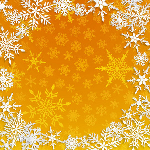 黄色背景下带有阴影的大白雪花圆形框架的圣诞插图