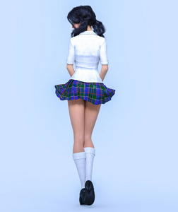 3d 美丽的年轻迷人的女孩校服。白色上衣, 蓝色短裙笼。女演播室摄影。高跟鞋。概念时尚艺术。诱人的坦率的姿态。逼真渲染插图