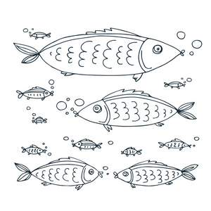 可爱的鱼收集孤立的白色背景。设计元素的礼品包装, 纺织品印刷或家居装饰。手绘风格