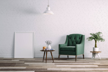 3d 清洁室内绿色椅子与白色的墙壁