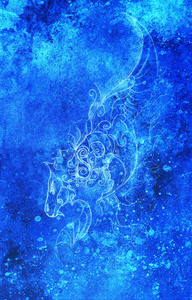 绘图的观赏性的龙。计算机拼贴和蓝颜色结构。冬天的影响