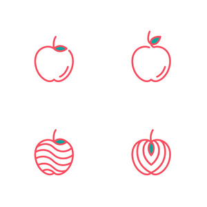 苹果水果图标轮廓描边集设计插图在白色背景上隔离, 矢量 eps10