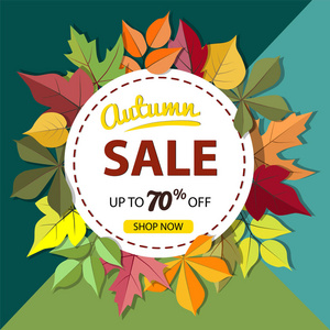 秋季销售横幅上有五颜六色的落叶。矢量插图