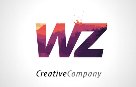 wz w z 字母标志设计与紫色森林纹理平面向量照片