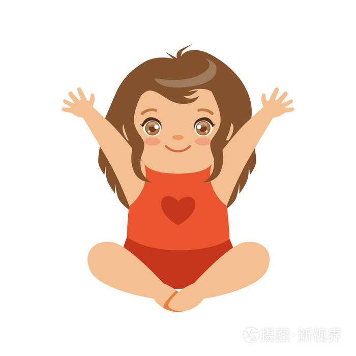 可爱的小宝贝女孩坐着双臂上举.姹紫嫣红的卡通人物矢量图