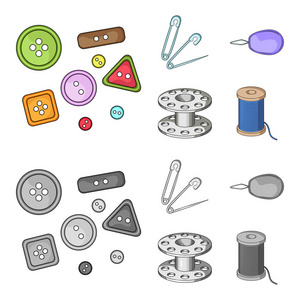 缝纫或裁缝工具集合图标在卡通, 单色风格矢量符号股票插画网站照片