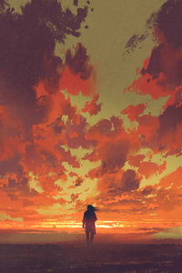 孤独的人，看着火红的夕阳的天空