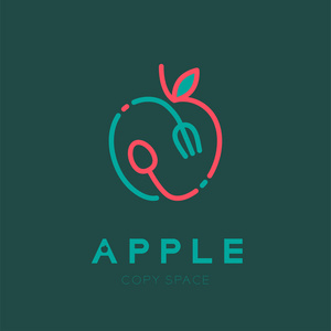 苹果水果与勺子和叉子徽标图标轮廓笔画集设计插图在绿色背景上与苹果文本和复制空间隔离, 矢量 eps10