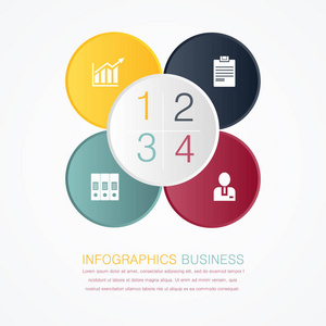 矢量图。具有 4 个步骤和四个圆图像信息图表模板。商业展示 教育 网页设计的使用。文本和图标的地方