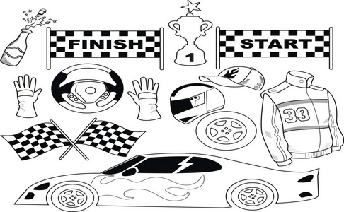 一套拉力赛赛车在黑白矢量照片