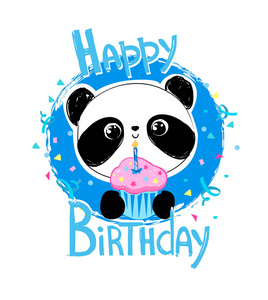 快乐可爱熊猫矢量插画.生日贺卡设计照片