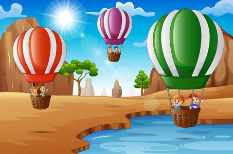 动画片的矢量插画快乐的孩子们在沙漠中骑热气球
