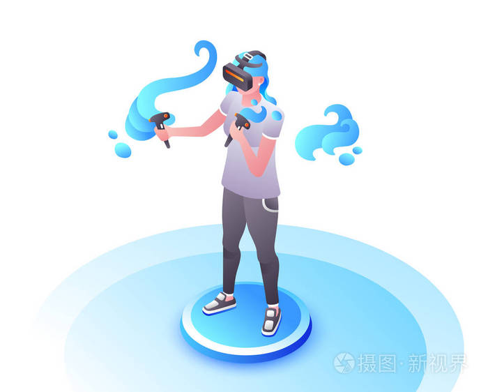 视频玩家女孩在 vr 眼镜矢量插图