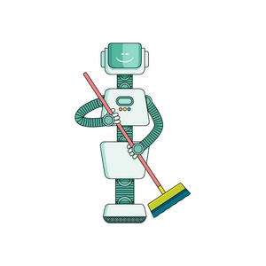 机器人做家务打扫房间清扫地板用扫帚隔离在白色背景上照片