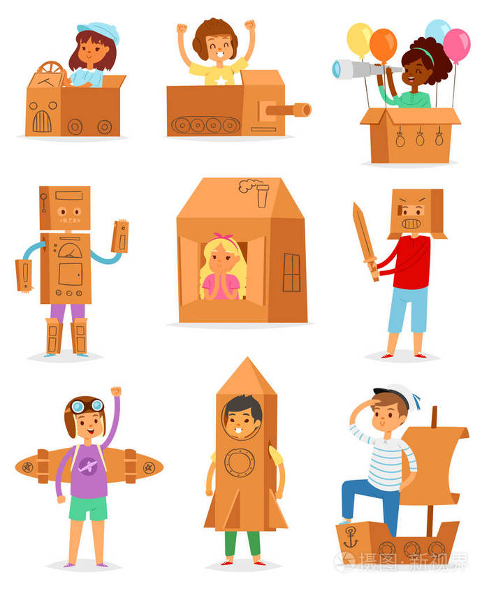 孩子在盒向量创意儿童字符在盒装的房子和男孩或女孩