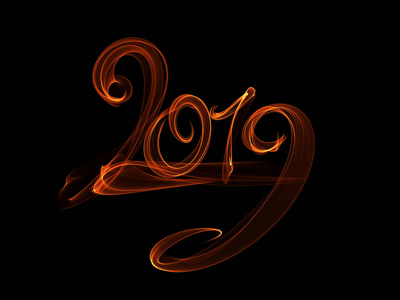 新年快乐2019被隔绝的数字文字用白色火火焰或烟雾写在黑色背景上