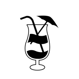白色背景下的稻草, 雨伞和柠檬图标的鸡尾酒玻璃的矢量黑色剪影插图