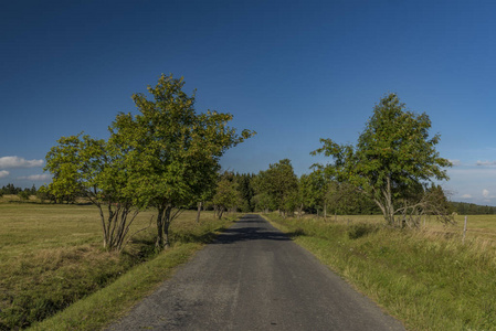 Slavkovsky 的路在夏天晴朗的日落傍晚临近 Krizky 地区