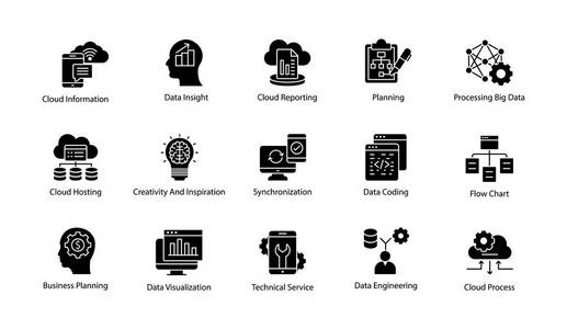 数据科学固体矢量图标集