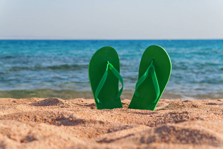 绿色在海边沙滩拖鞋