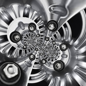 汽车汽车车轮轮辋双螺旋抽象金属分形背景。银的六角螺母，轮辐螺旋效应模式的背景说明。汽车的抽象车轮。卡车镀铬轮辋
