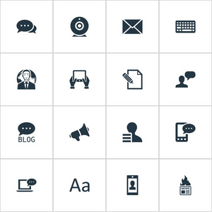 矢量图组的简单的博客图标。元素的笔记本电脑 配置文件 国际商人和其他同义词新闻，手和国际