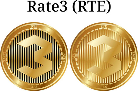 一套实物金币 Rate3 Rte, 数字 cryptocurrency。Rate3 Rte 图标集。在白色背景上隔离的矢