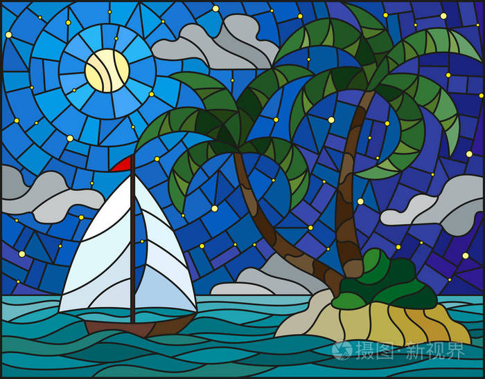 在彩色玻璃风格与海景, 热带岛屿与棕榈树和一艘帆船的海洋,月亮和