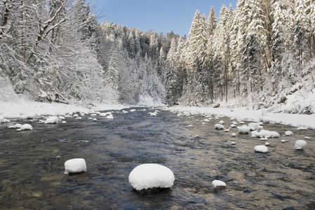 在德国巴伐利亚州河雪和冰的全景画面