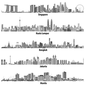 亚洲城市 新加坡 吉隆坡 曼谷 雅加达和马尼拉 天际线黑色和白色的调色板中的抽象矢量插图