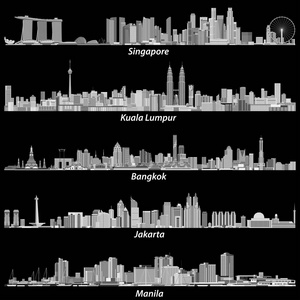 亚洲城市 新加坡 吉隆坡 曼谷 雅加达和马尼拉 天际线在黑色背景上的灰色鳞片调色板中的抽象矢量插图
