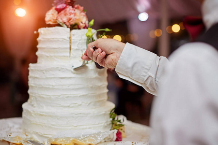 新娘和新郎正在切他们的结婚蛋糕.漂亮的蛋糕.nicel 光.婚礼理念照片