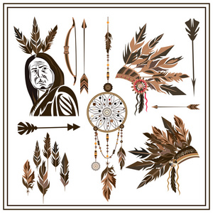一套民族风格的箭，羽毛，珠子，弓，伤害