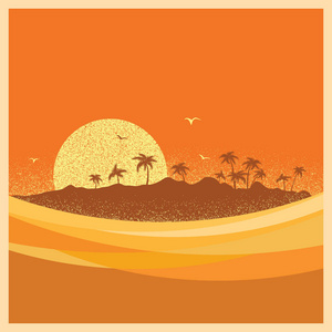 热带岛屿与棕榈树和太阳。矢量海报