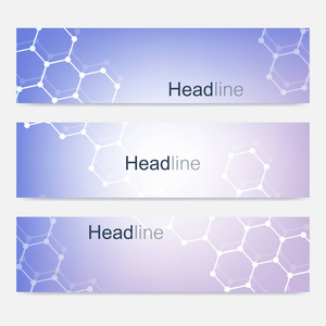 现代向量横幅的科学设置。Dna 分子的结构与连接的线和点。科学向量背景。医疗 技术，化学设计