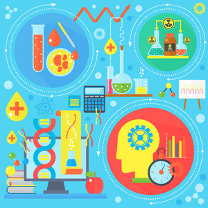 平面设计概念的科学和技术。科学的研究，化学实验信息图表概念设计 web 元素 海报横幅。矢量图