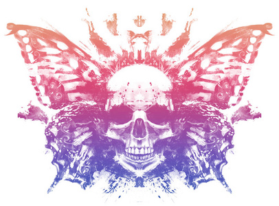 鬼蝴蝶背后有蝴蝶翅膀的恶魔头骨照片