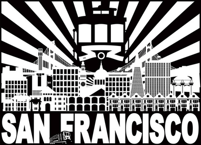 旧金山加利福尼亚城市天际线与电车太阳射线金门大桥黑白文本矢量插图