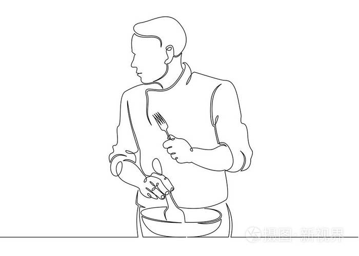连续线画单行厨师烹饪