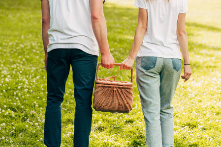 年轻夫妇举行野餐篮和步行在公园的裁剪镜头